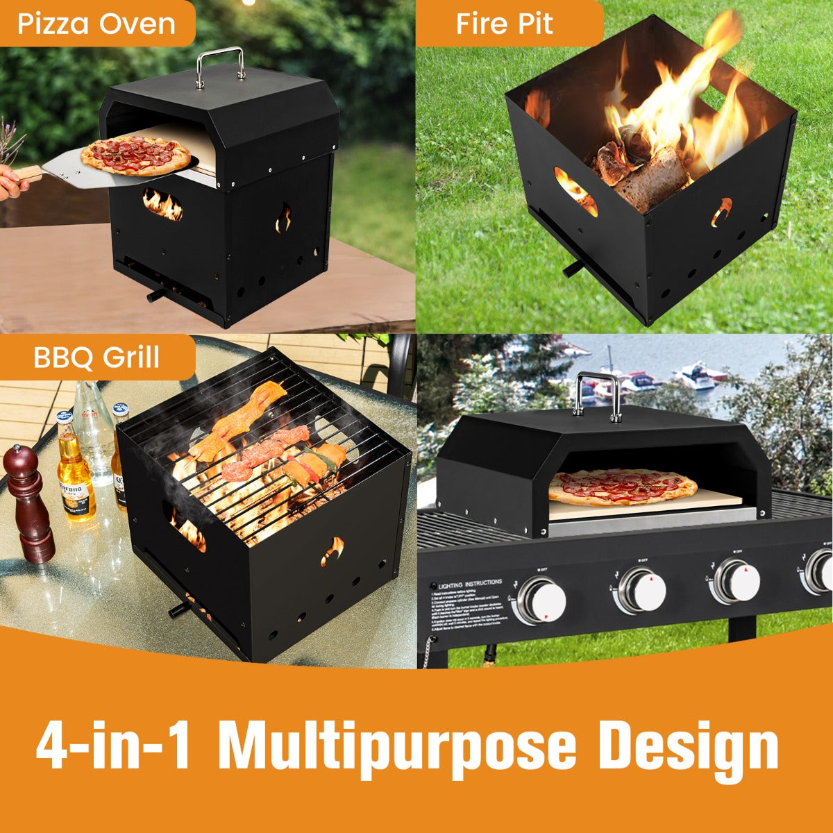 Pizza oven set includes a pizza stone, shovel, cooking grill gate and waterproof protective cover