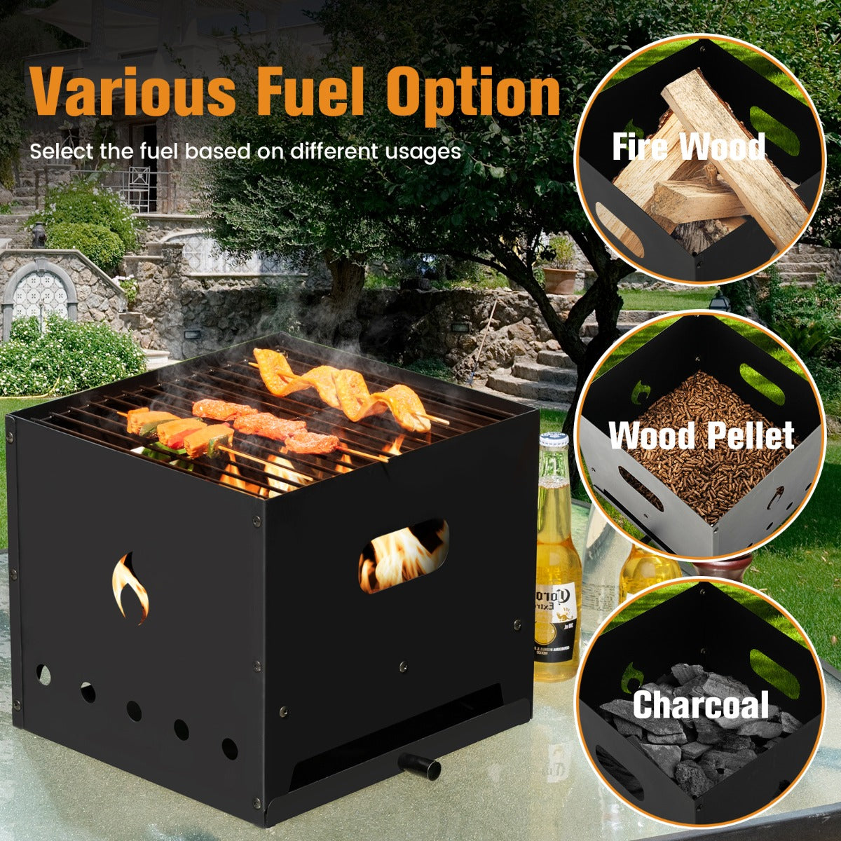 Portable wood-fired pizza oven supports wood pellets, firewood and lump charcoal for versatile cooking