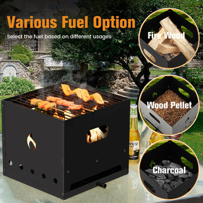 Portable wood-fired pizza oven supports wood pellets, firewood and lump charcoal for versatile cooking