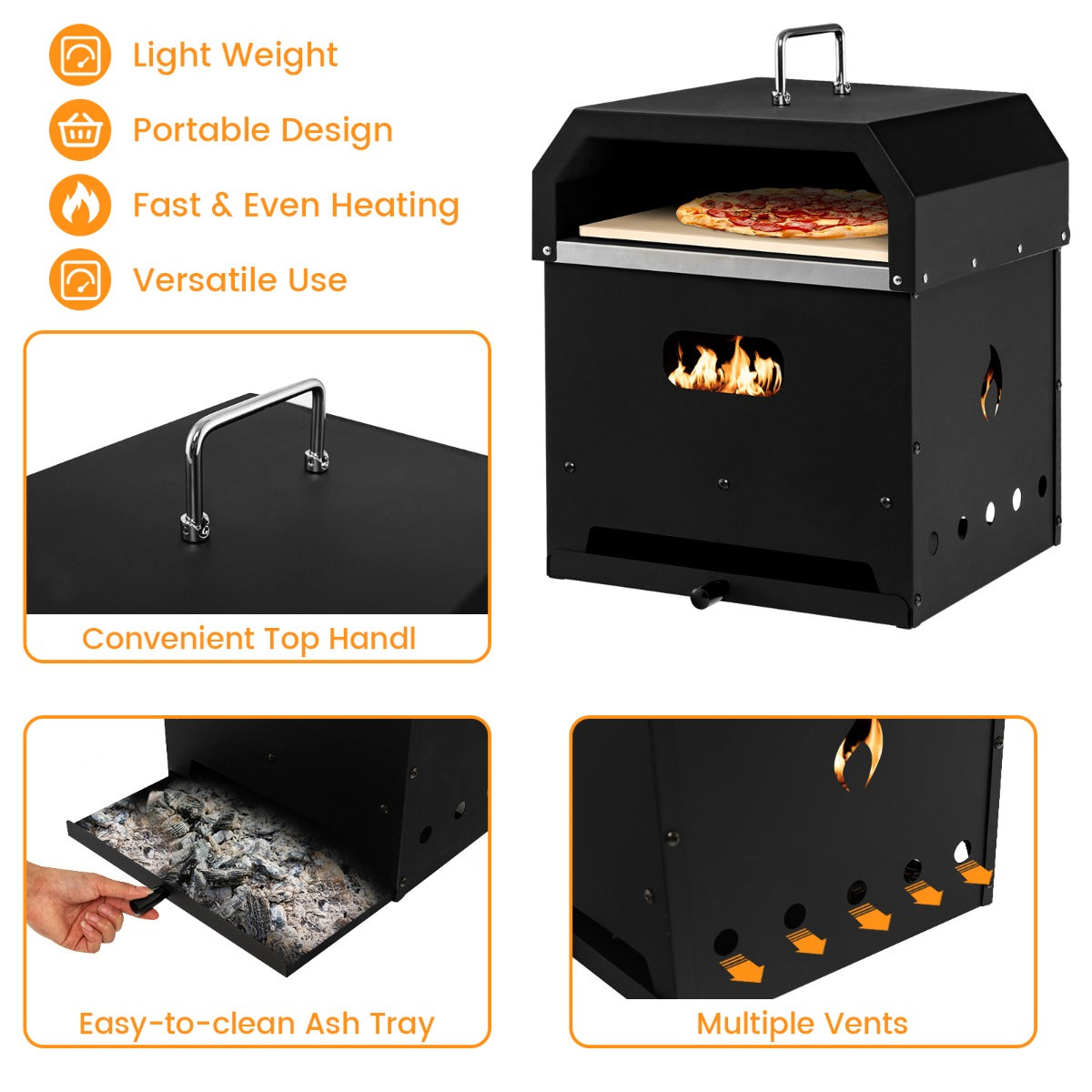 Outdoor pizza oven includes air vents for improved combustion and a pull-out ashtray for easy cleaning