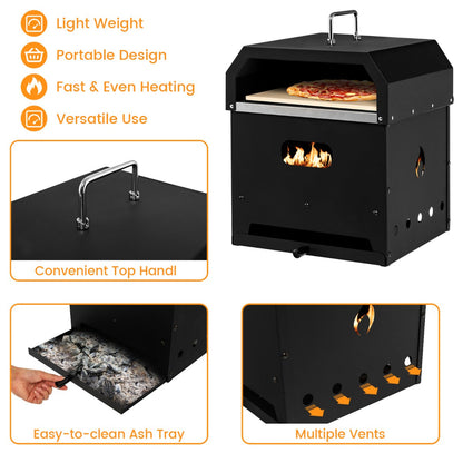 Outdoor pizza oven includes air vents for improved combustion and a pull-out ashtray for easy cleaning