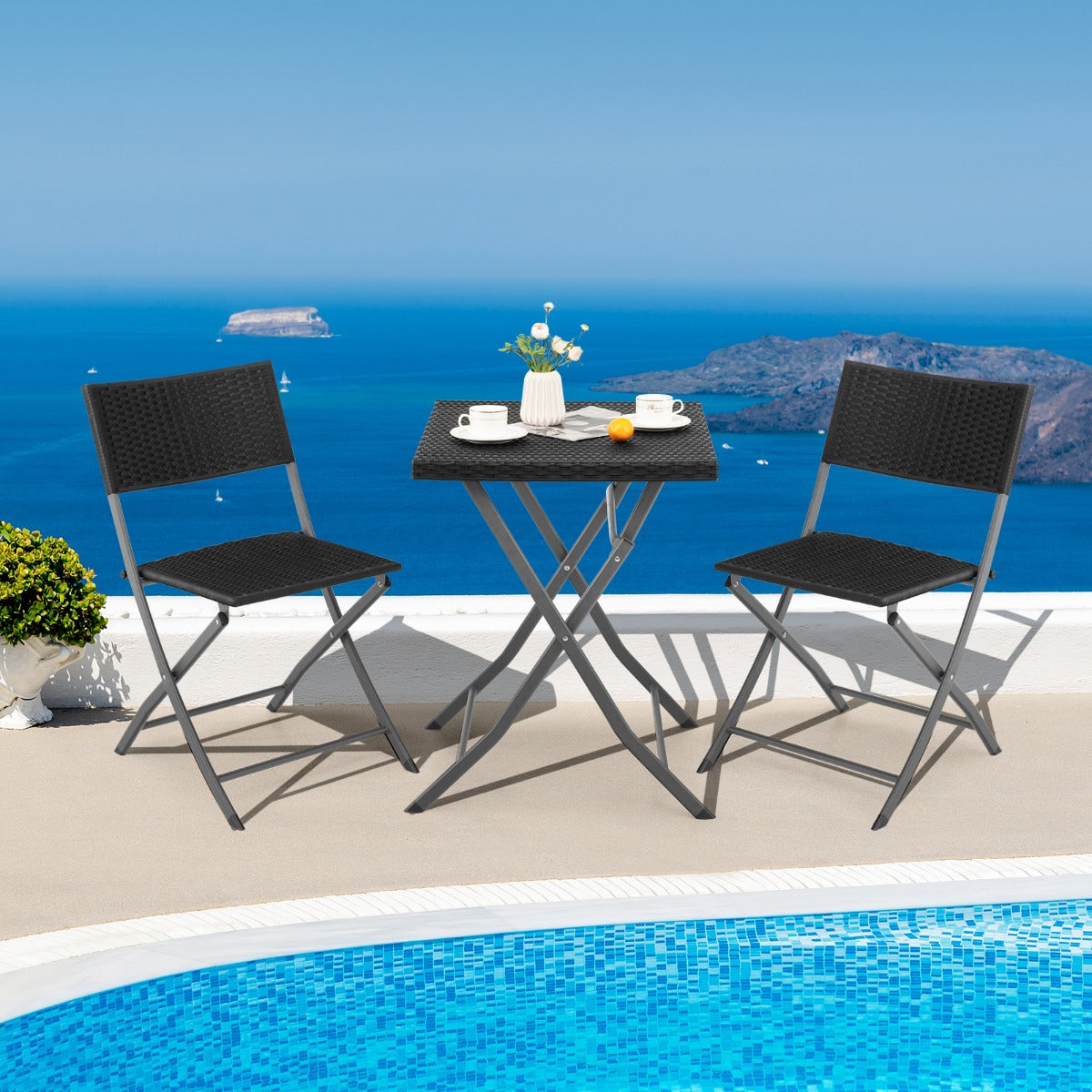 Lightweight folding chairs and table are easy to carry, store, and transport in a car trunk