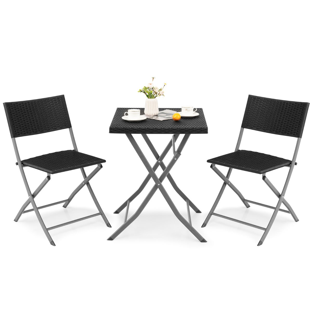 Wide folding patio chairs with cozy backrests provide comfortable seating for two people