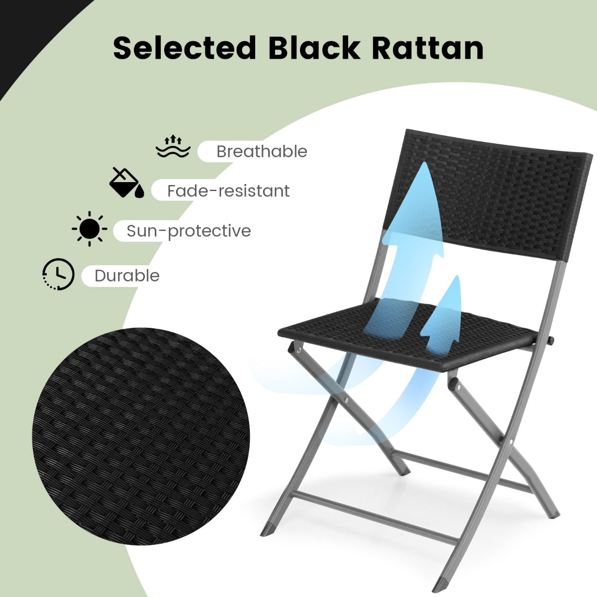 Three-piece folding rattan set is ideal for backyards, poolside areas, porches, and gardens