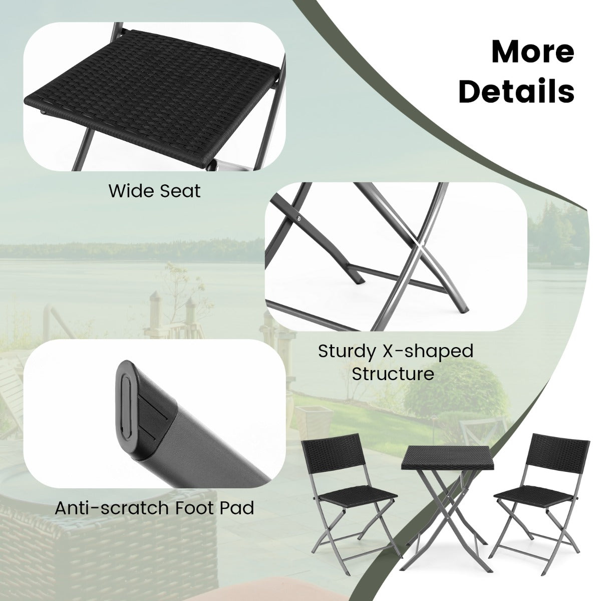 Hand-woven rattan seats and tabletop offer an elegant finish suitable for outdoor spaces