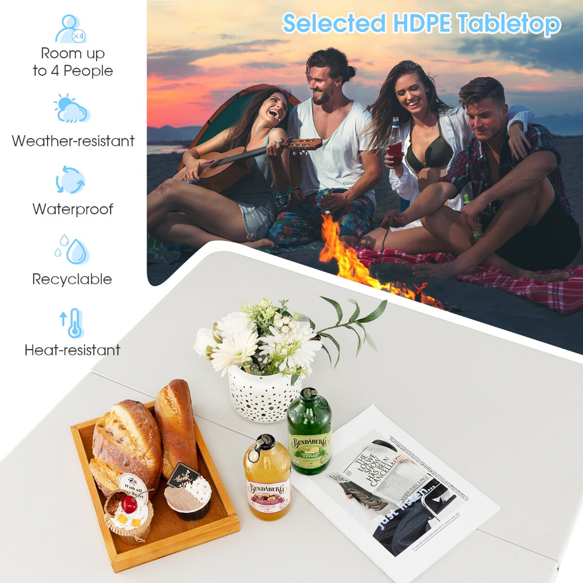 Portable Picnic Table with All-Weather HDPE Tabletop-White