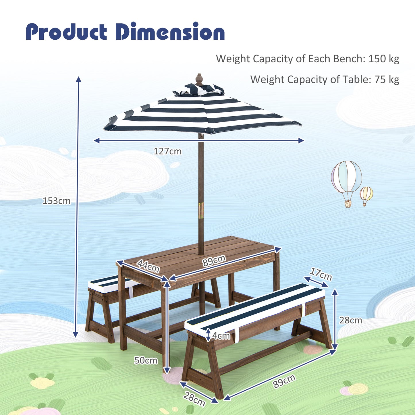 Kids Table &amp; Bench Set with Umbrella &amp; Cushions for Indoor Outdoor Activity-Blue