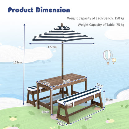Kids Table &amp; Bench Set with Umbrella &amp; Cushions for Indoor Outdoor Activity-Blue