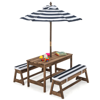 Kids Table &amp; Bench Set with Umbrella &amp; Cushions for Indoor Outdoor Activity-Blue