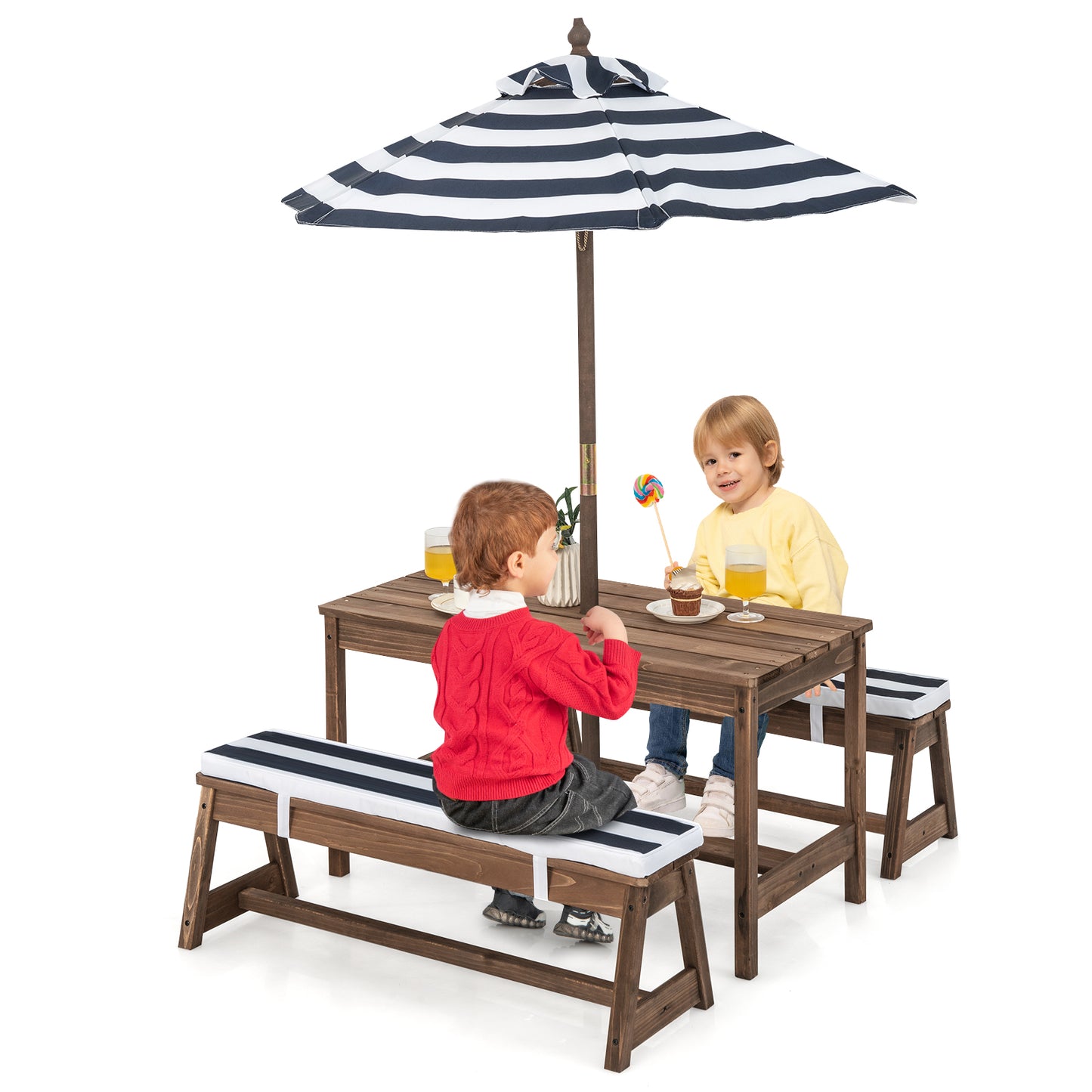 Kids Table &amp; Bench Set with Umbrella &amp; Cushions for Indoor Outdoor Activity-Blue