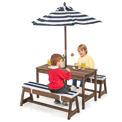 Kids Table &amp; Bench Set with Umbrella &amp; Cushions for Indoor Outdoor Activity-Blue