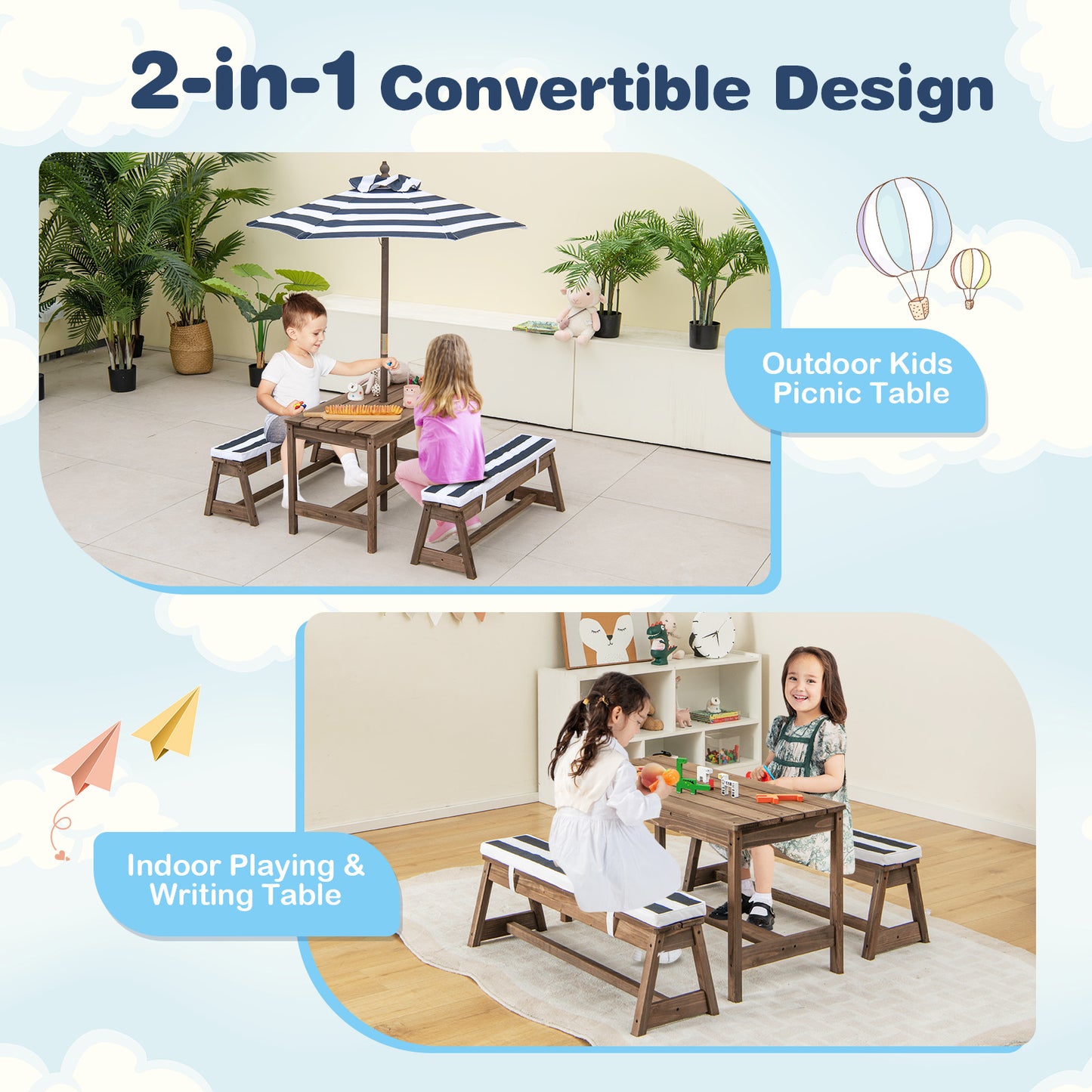 Kids Table &amp; Bench Set with Umbrella &amp; Cushions for Indoor Outdoor Activity-Blue