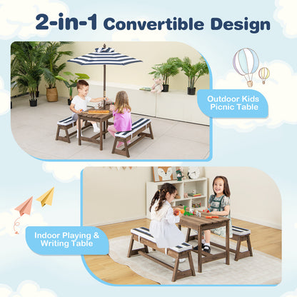 Kids Table &amp; Bench Set with Umbrella &amp; Cushions for Indoor Outdoor Activity-Blue