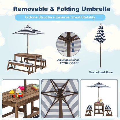 Kids Table &amp; Bench Set with Umbrella &amp; Cushions for Indoor Outdoor Activity-Blue