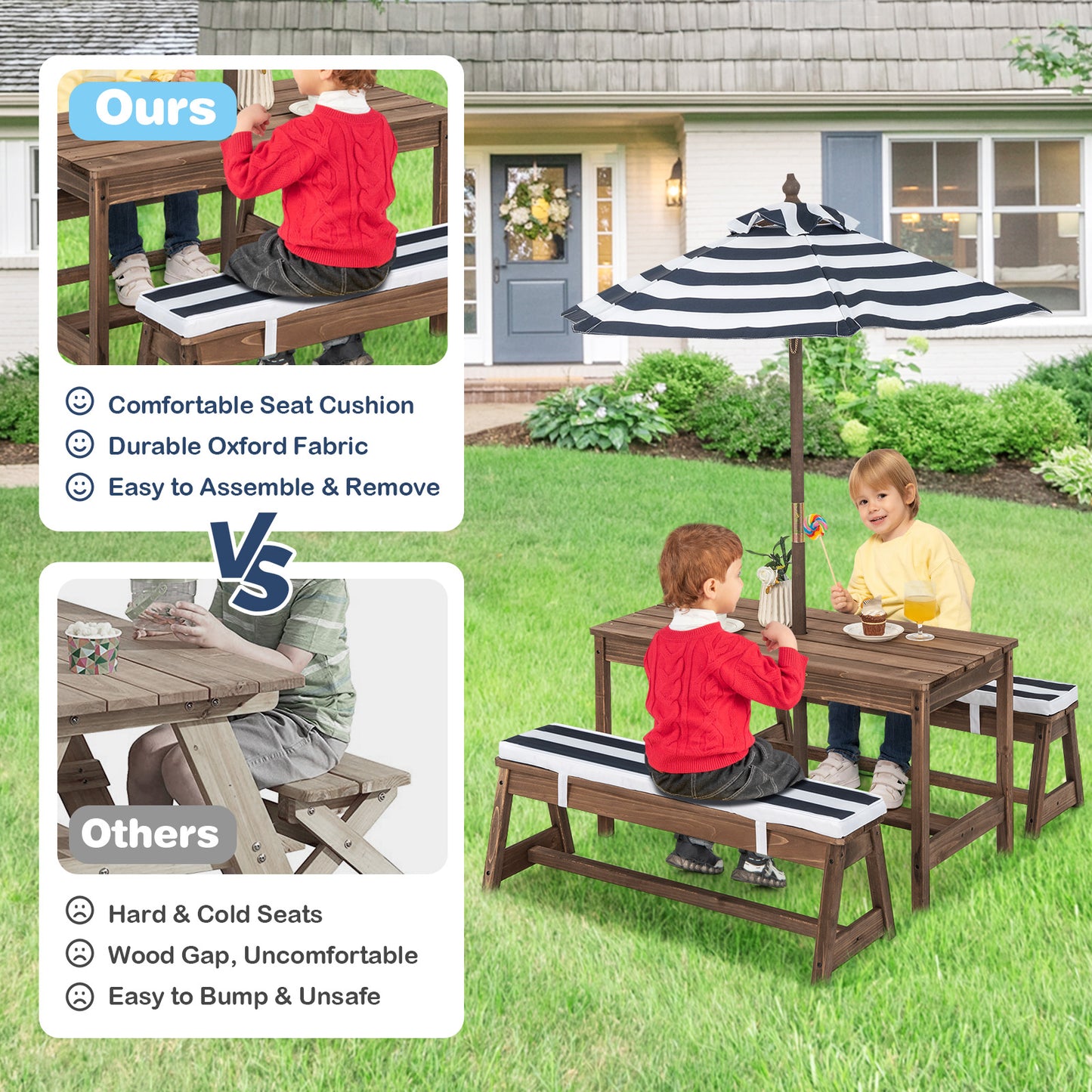 Kids Table &amp; Bench Set with Umbrella &amp; Cushions for Indoor Outdoor Activity-Blue