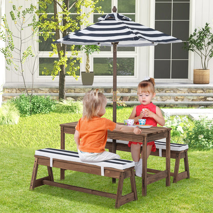 Kids Table &amp; Bench Set with Umbrella &amp; Cushions for Indoor Outdoor Activity-Blue