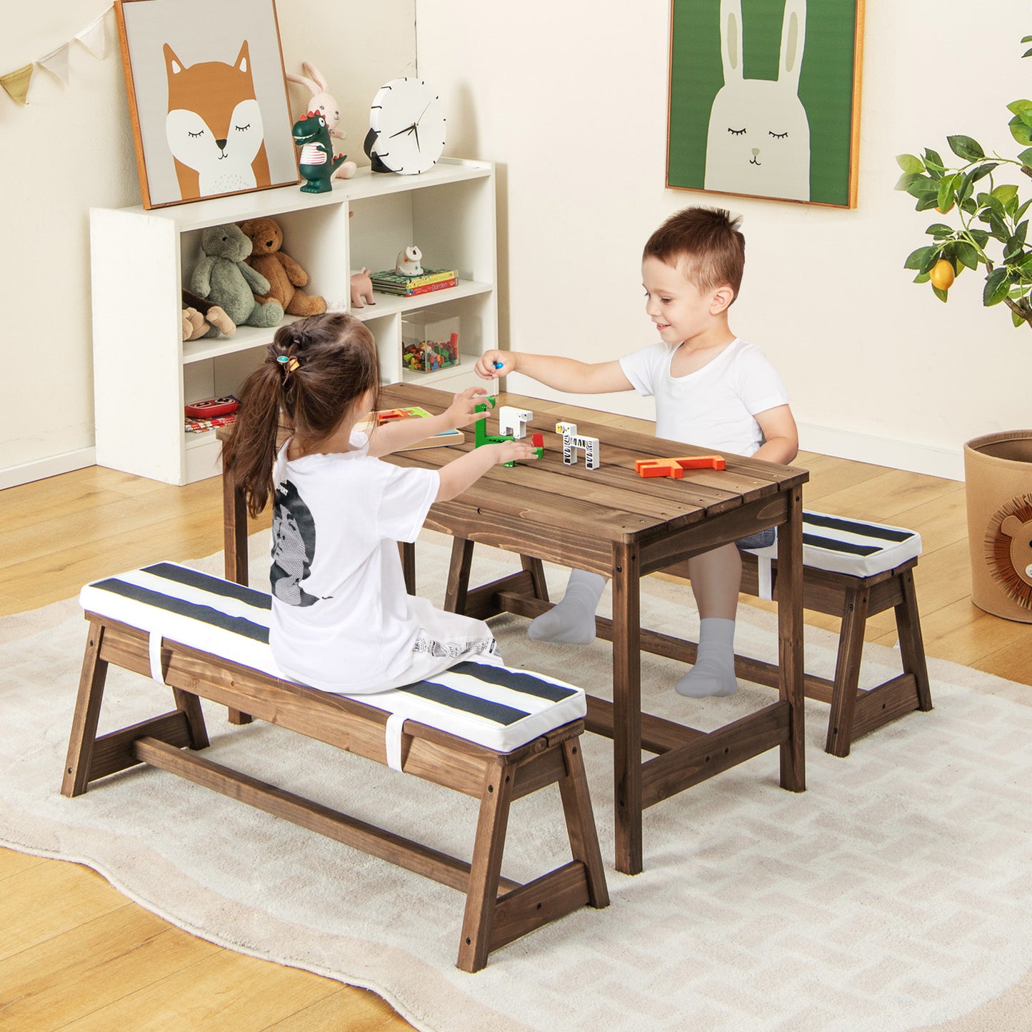 Kids Table &amp; Bench Set with Umbrella &amp; Cushions for Indoor Outdoor Activity-Blue