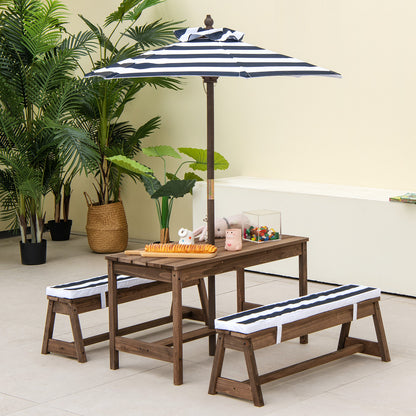 Kids Table &amp; Bench Set with Umbrella &amp; Cushions for Indoor Outdoor Activity-Blue