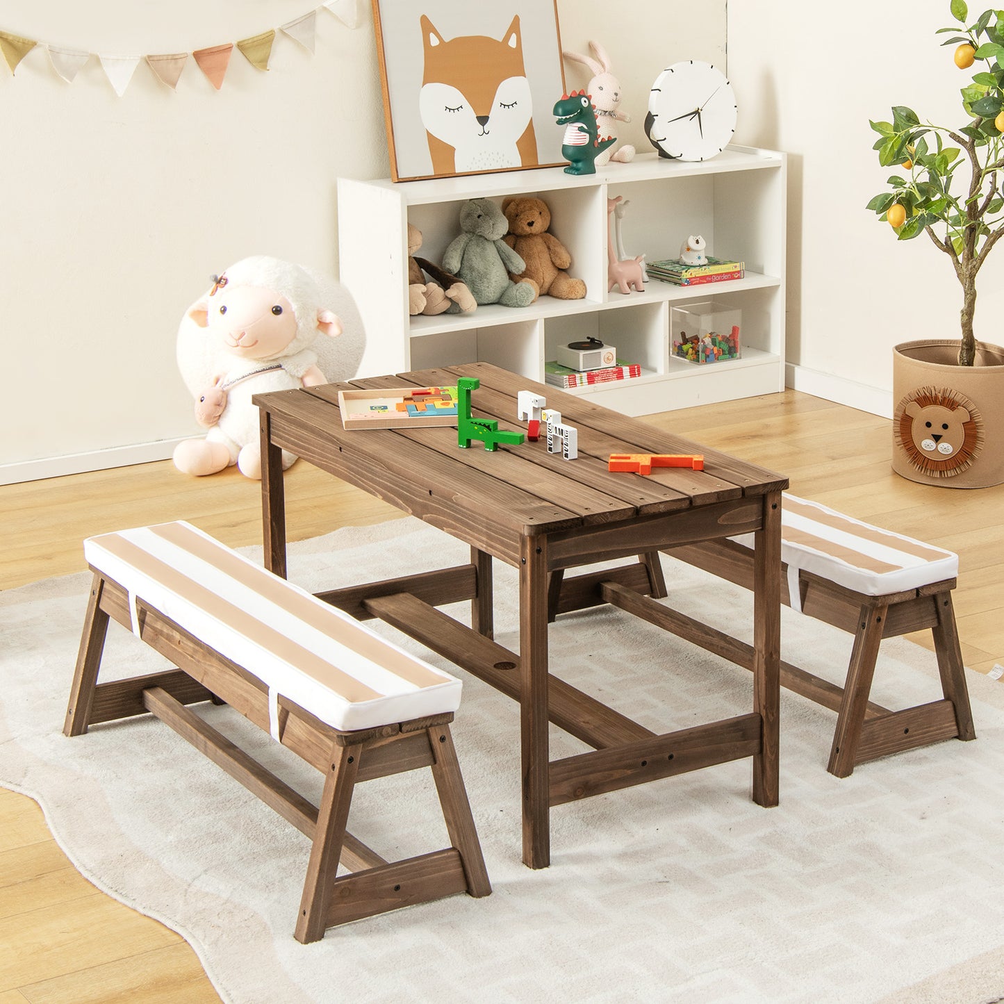 Kids Table &amp; Bench Set with Umbrella &amp; Cushions for Indoor Outdoor Activity-Brown