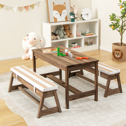 Kids Table &amp; Bench Set with Umbrella &amp; Cushions for Indoor Outdoor Activity-Brown