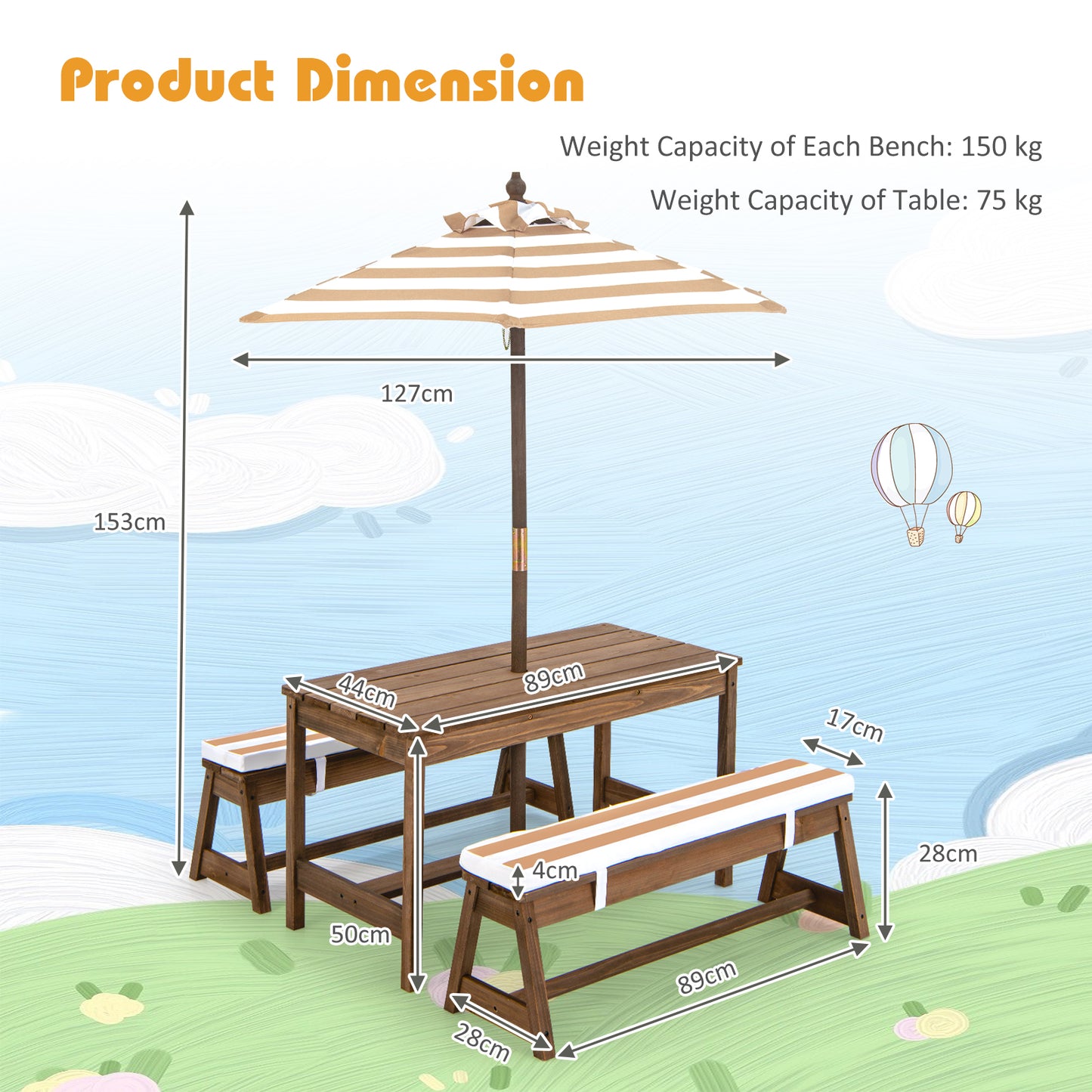 Kids Table &amp; Bench Set with Umbrella &amp; Cushions for Indoor Outdoor Activity-Brown