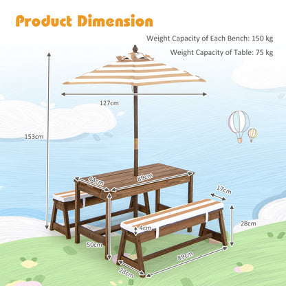 Kids Table &amp; Bench Set with Umbrella &amp; Cushions for Indoor Outdoor Activity-Brown