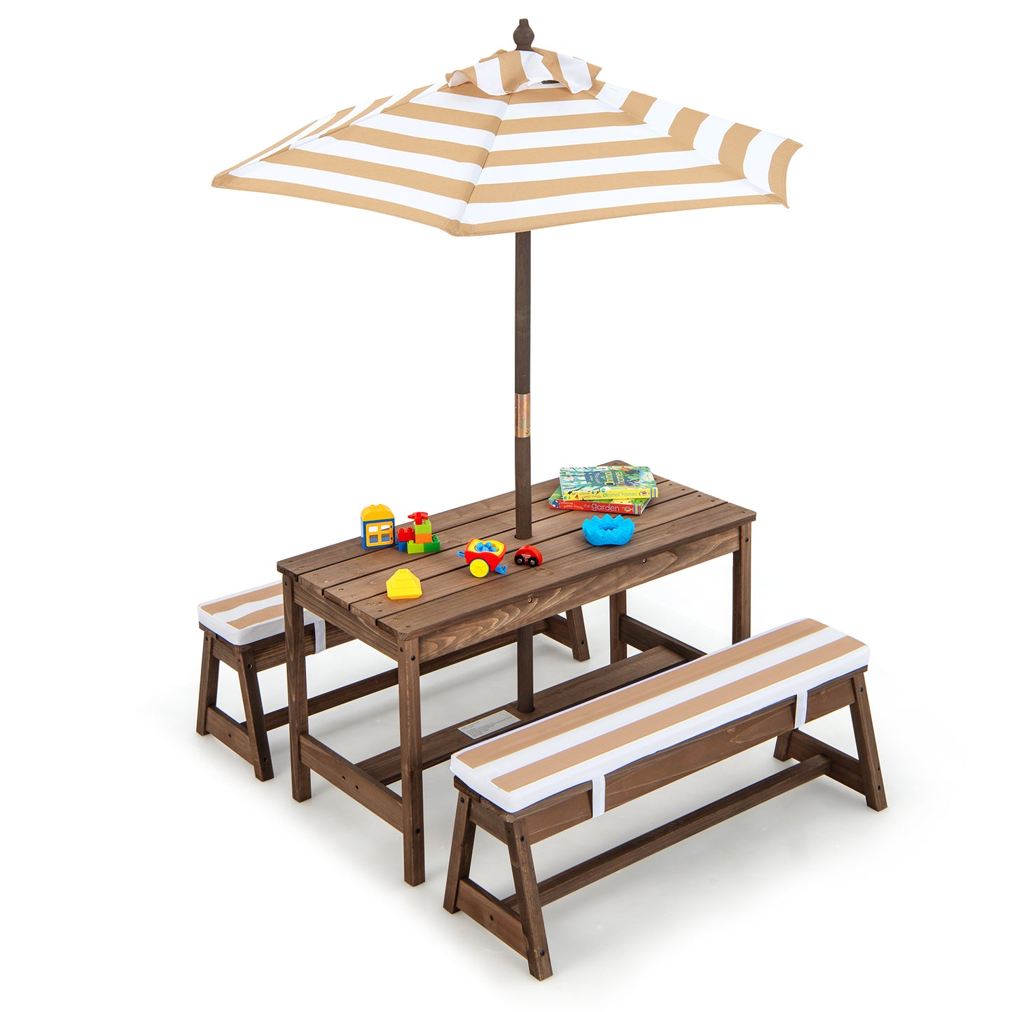 Kids Table &amp; Bench Set with Umbrella &amp; Cushions for Indoor Outdoor Activity-Brown