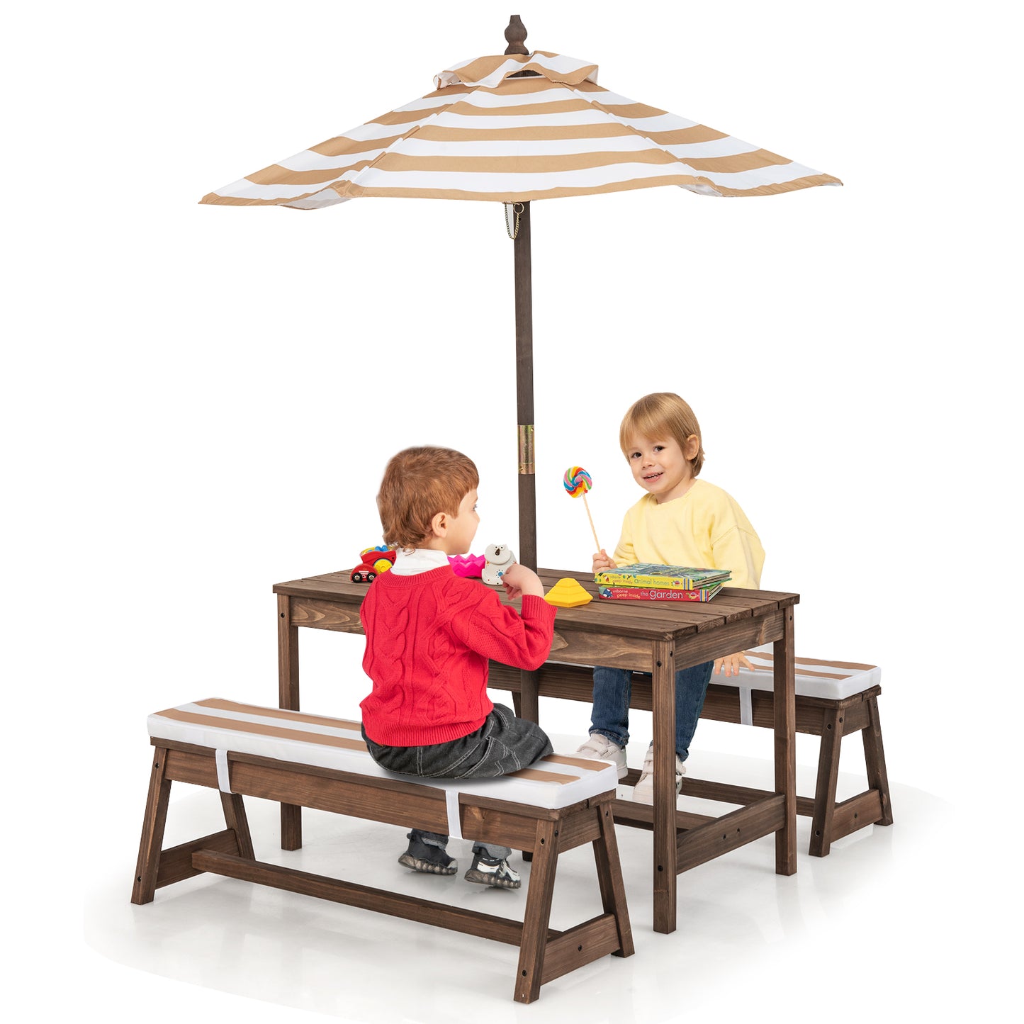Kids Table &amp; Bench Set with Umbrella &amp; Cushions for Indoor Outdoor Activity-Brown