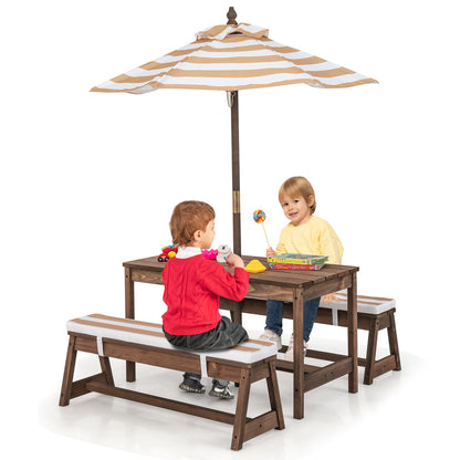 Kids Table &amp; Bench Set with Umbrella &amp; Cushions for Indoor Outdoor Activity-Brown