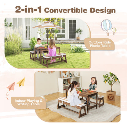 Kids Table &amp; Bench Set with Umbrella &amp; Cushions for Indoor Outdoor Activity-Brown