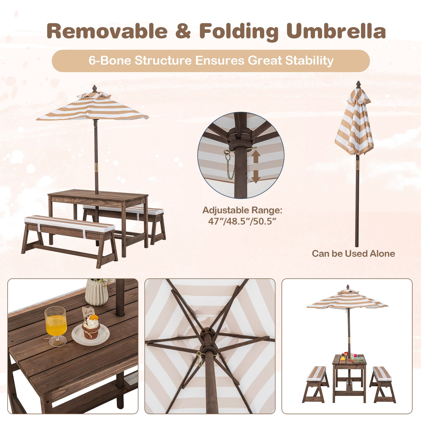 Kids Table &amp; Bench Set with Umbrella &amp; Cushions for Indoor Outdoor Activity-Brown