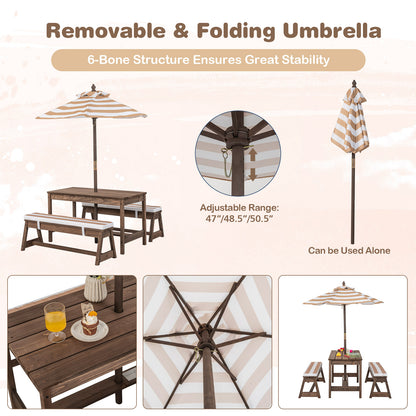 Kids Table &amp; Bench Set with Umbrella &amp; Cushions for Indoor Outdoor Activity-Brown