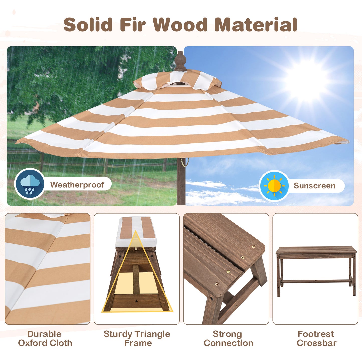 Kids Table &amp; Bench Set with Umbrella &amp; Cushions for Indoor Outdoor Activity-Brown