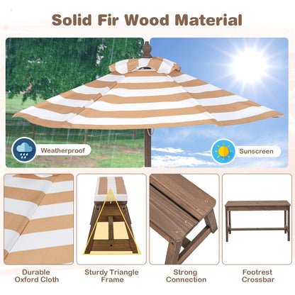Kids Table &amp; Bench Set with Umbrella &amp; Cushions for Indoor Outdoor Activity-Brown