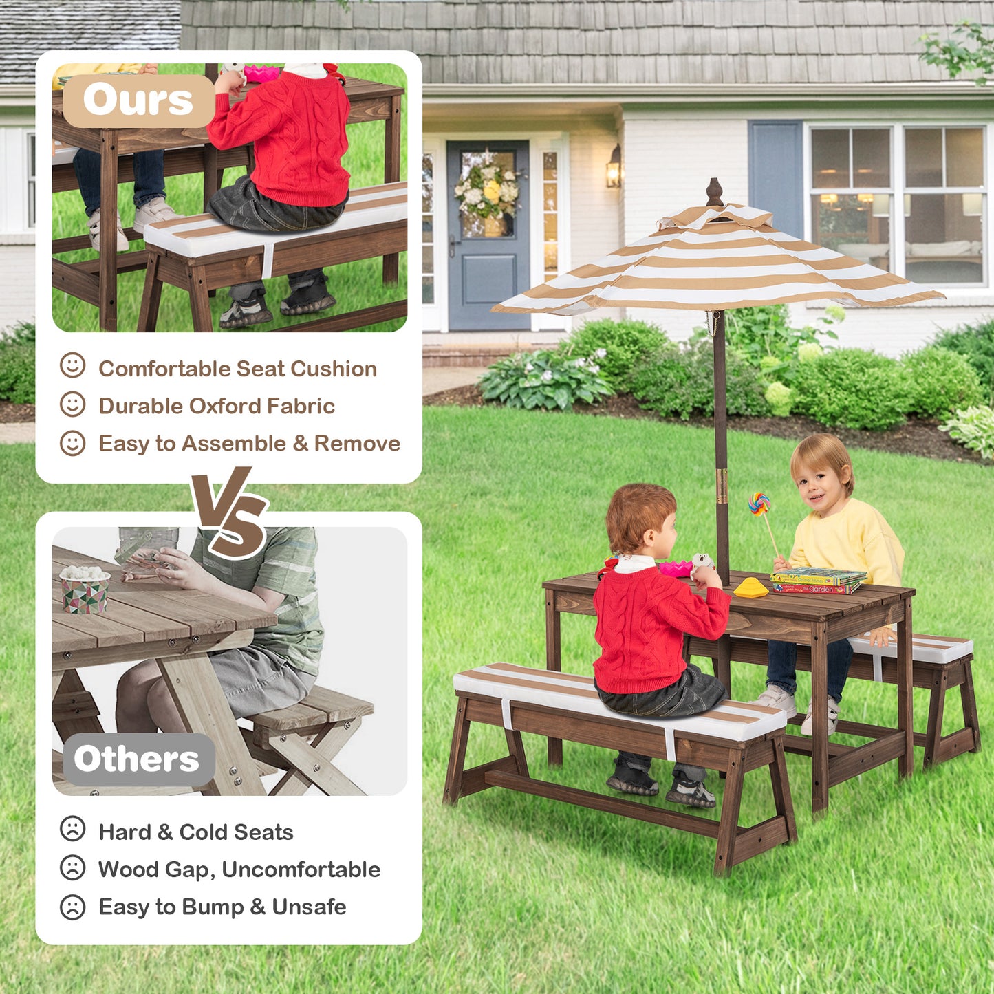 Kids Table &amp; Bench Set with Umbrella &amp; Cushions for Indoor Outdoor Activity-Brown