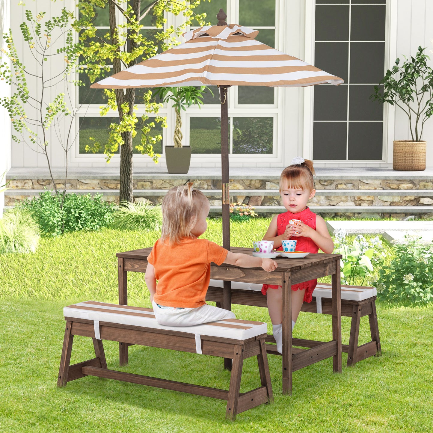 Kids Table &amp; Bench Set with Umbrella &amp; Cushions for Indoor Outdoor Activity-Brown