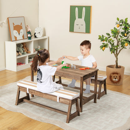 Kids Table &amp; Bench Set with Umbrella &amp; Cushions for Indoor Outdoor Activity-Brown