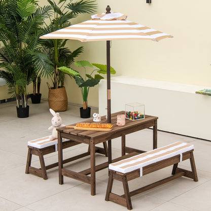 Kids Table &amp; Bench Set with Umbrella &amp; Cushions for Indoor Outdoor Activity-Brown