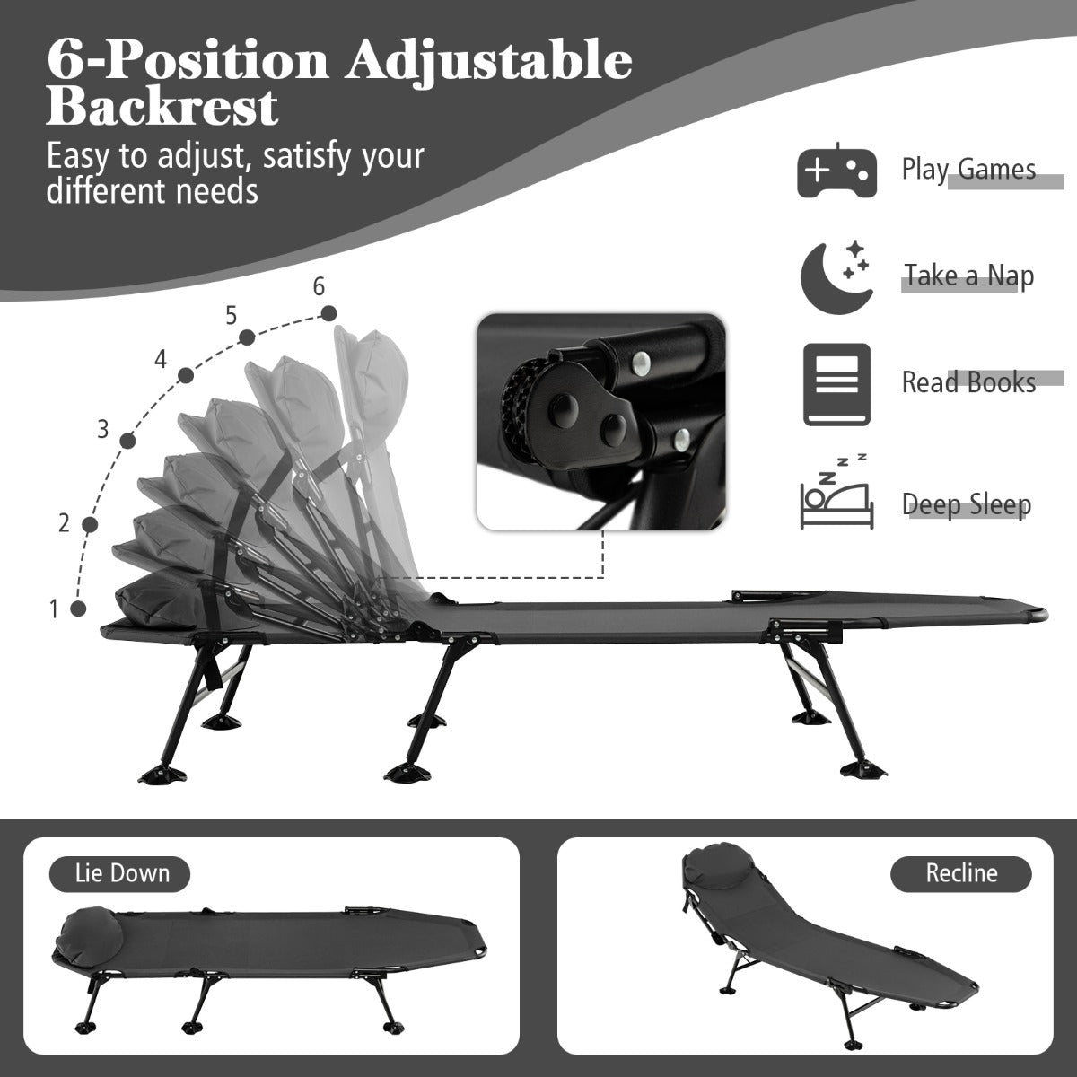 Costway Folding Camping Cot with Detachable Mattress and Adjustable Backrest