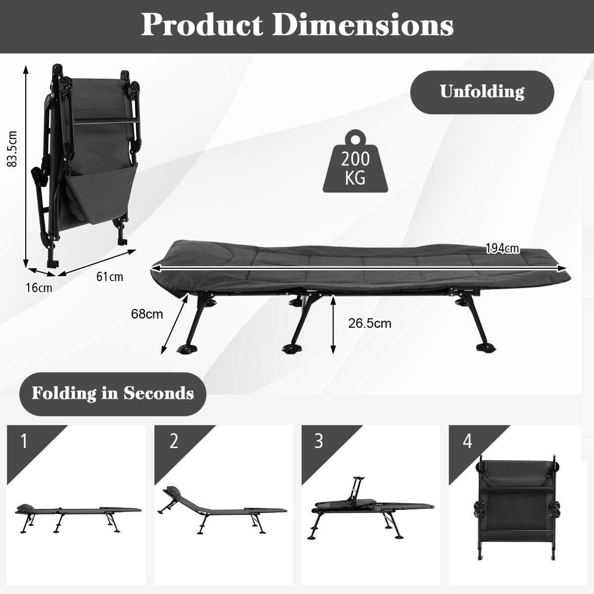 Costway Folding Camping Cot with Detachable Mattress and Adjustable Backrest