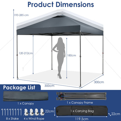 3m x 3m Height-Adjustable &amp; Tiltable Pop-up Canopy with Carry Bag-Grey