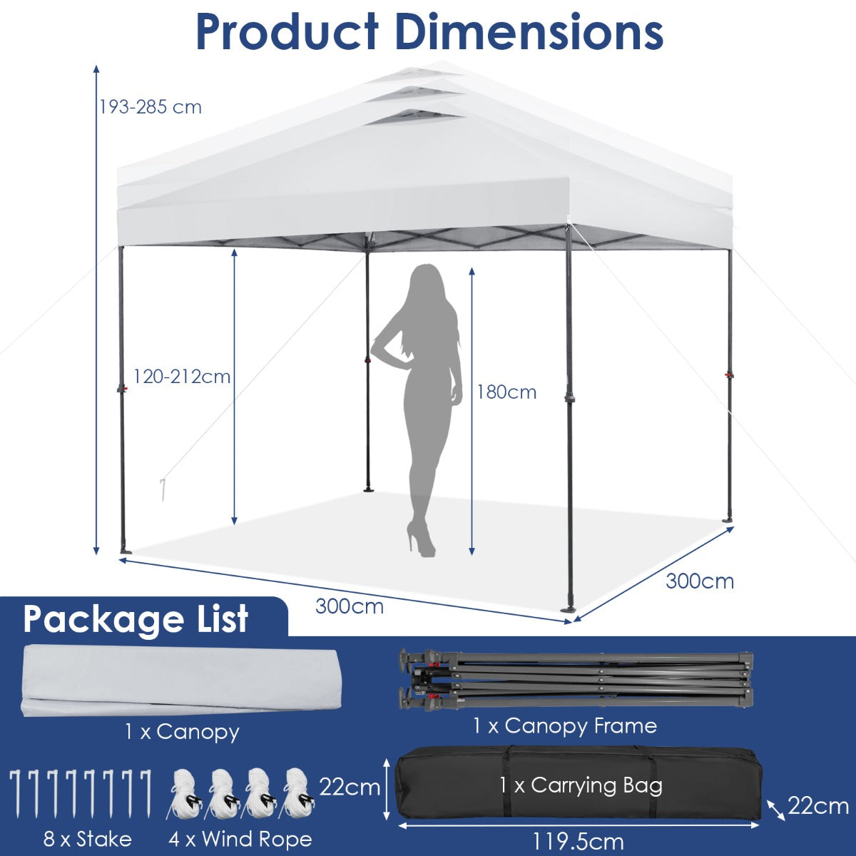 3m x 3m Height-Adjustable &amp; Tiltable Pop-up Canopy with Carry Bag-White