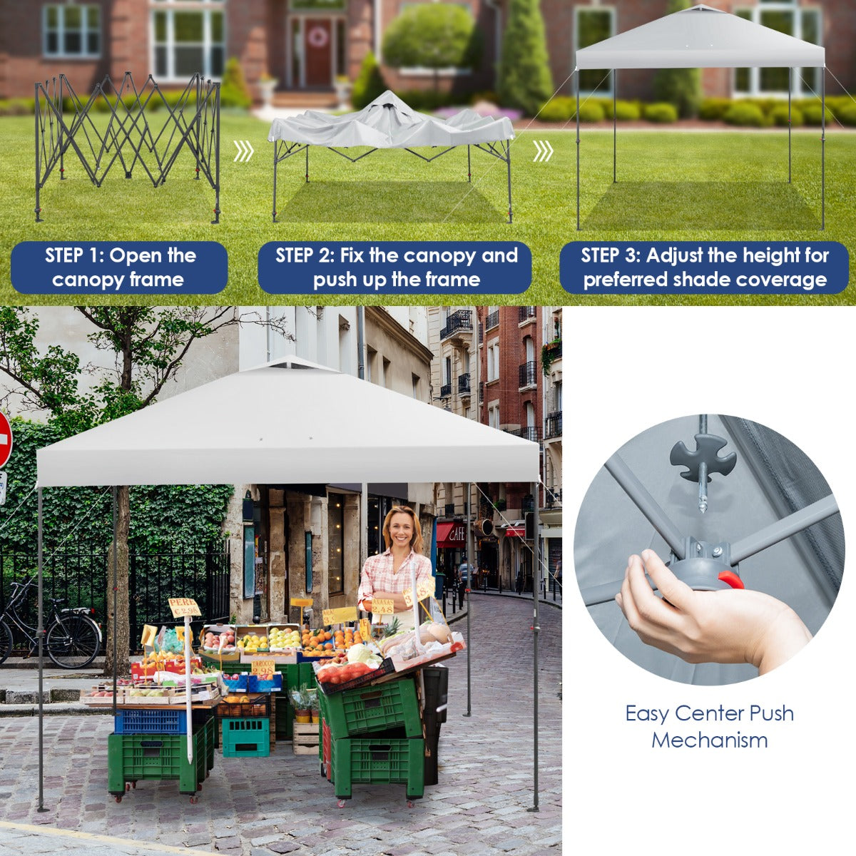3m x 3m Height-Adjustable &amp; Tiltable Pop-up Canopy with Carry Bag-White
