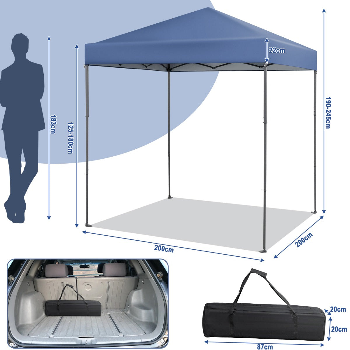 2 x 2m UPF 50+ Outdoor Pop-up Canopy with Adjustable Heights &amp;amp; Carry Bag-Blue