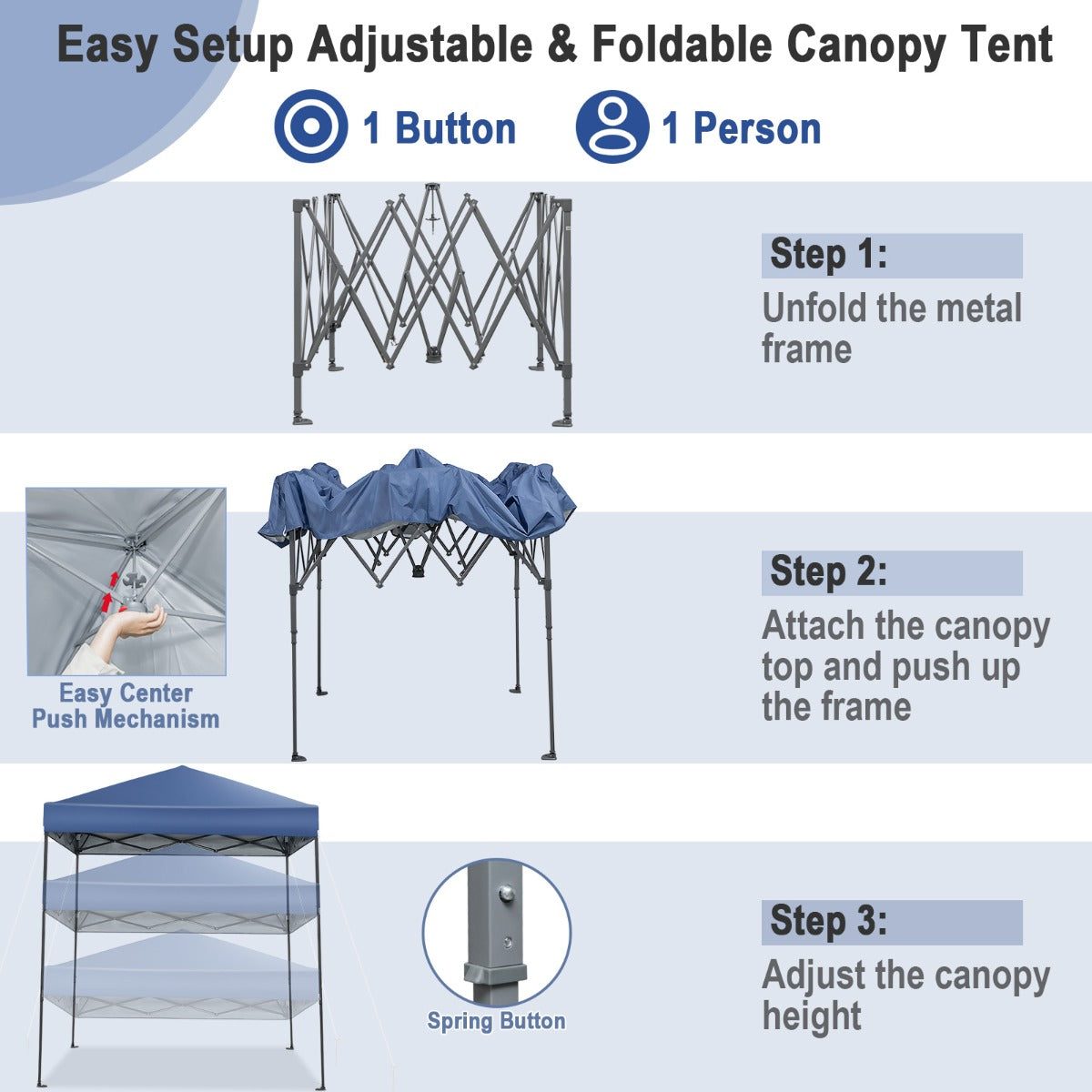 2 x 2m UPF 50+ Outdoor Pop-up Canopy with Adjustable Heights &amp;amp; Carry Bag-Blue