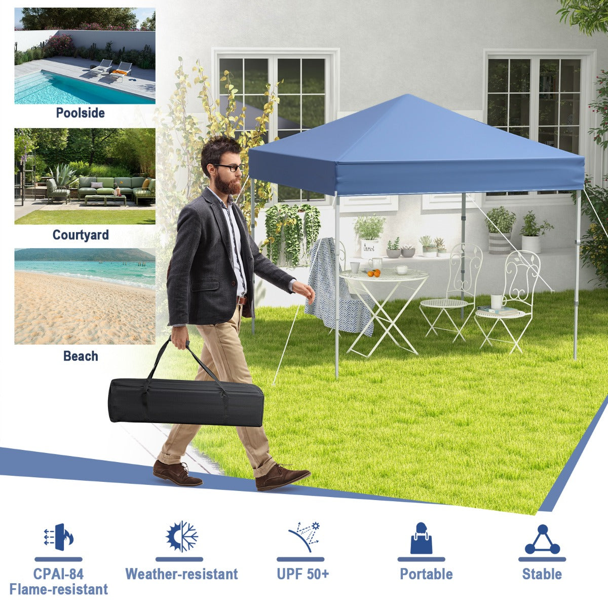 2 x 2m UPF 50+ Outdoor Pop-up Canopy with Adjustable Heights &amp;amp; Carry Bag-Blue