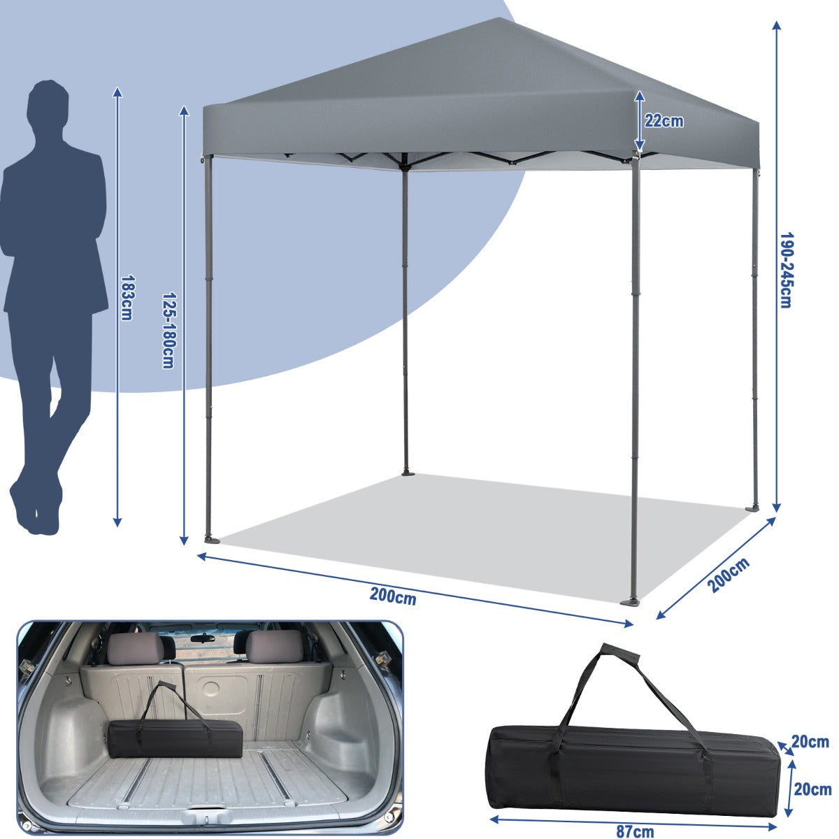 2 x 2m UPF 50+ Outdoor Pop-up Canopy with Adjustable Heights &amp;amp; Carry Bag-Grey