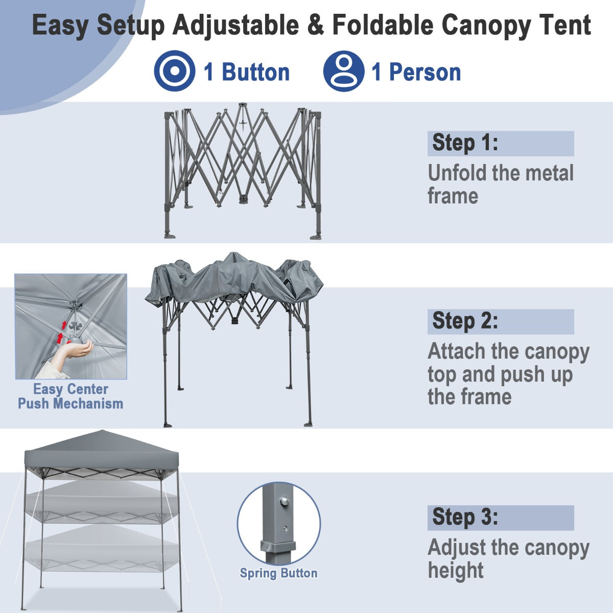 2 x 2m UPF 50+ Outdoor Pop-up Canopy with Adjustable Heights &amp;amp; Carry Bag-Grey