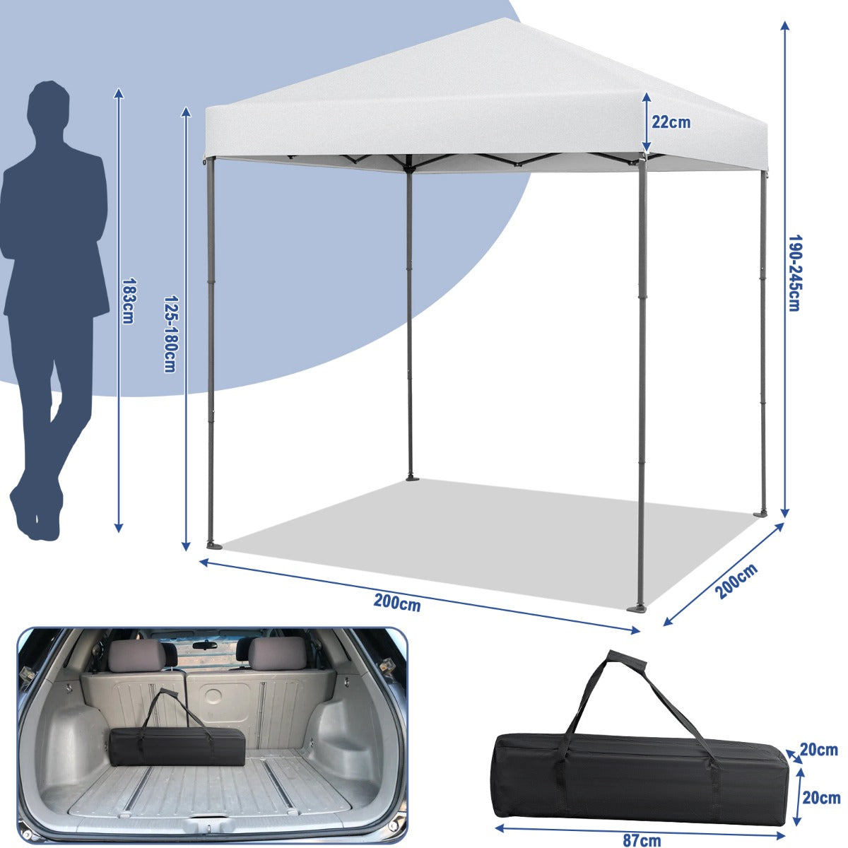 2 x 2m UPF 50+ Outdoor Pop-up Canopy with Adjustable Heights &amp;amp; Carry Bag-White