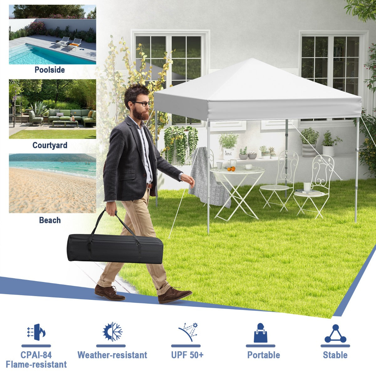 2 x 2m UPF 50+ Outdoor Pop-up Canopy with Adjustable Heights &amp;amp; Carry Bag-White